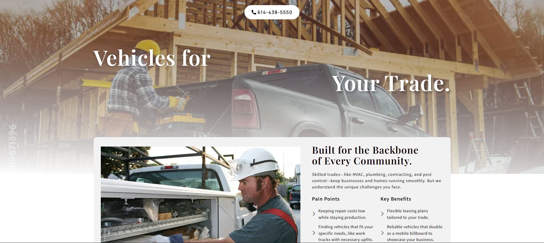 Fleet leasing website sales landing page with construction imagery for skilled trades and calls to action.